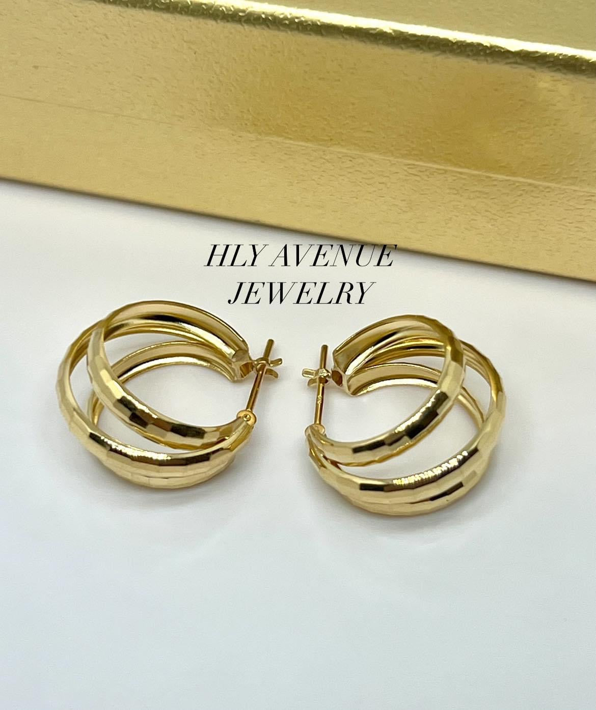18K Japan Gold 3 Layered Mirror Ball Cut Earrings