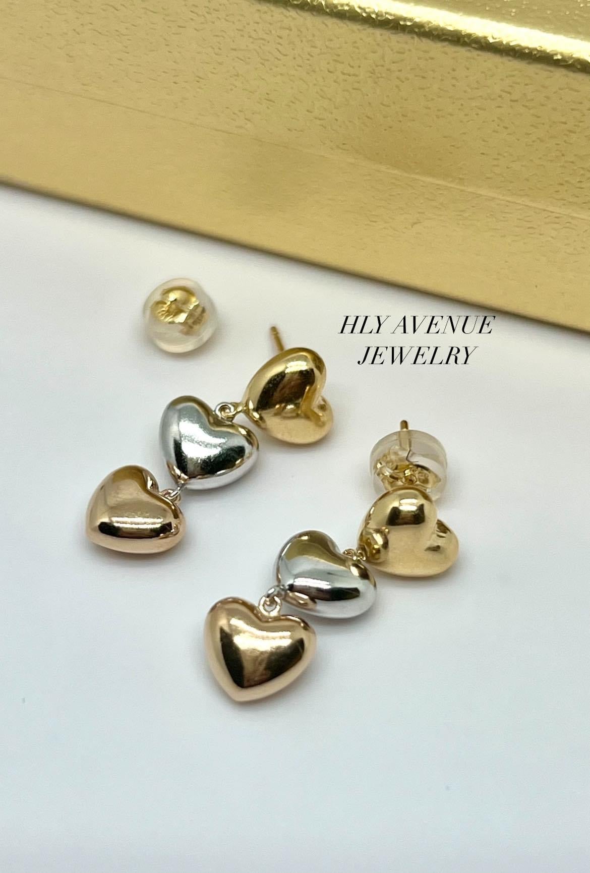18K Japan Gold 3Tone Heart Dangling Earrings
