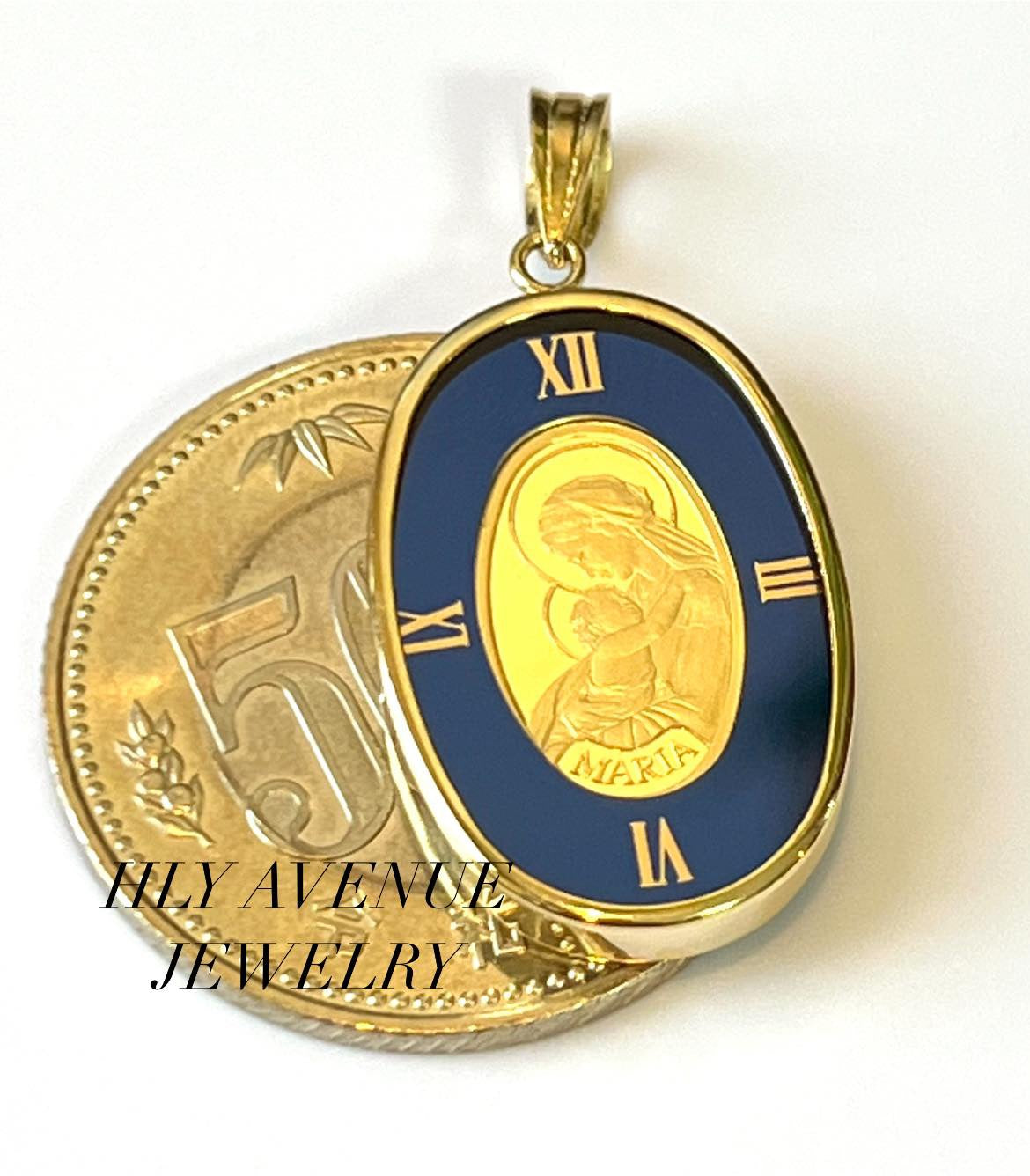 Mary & Child Blue 24k/18k Frame Japan Gold w/ Glass Pendant