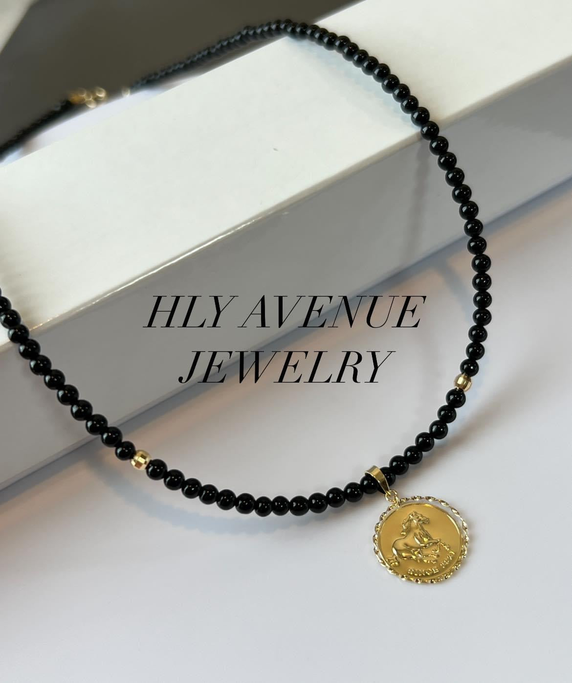 18k Gold Coin Pendant Onyx Necklace 40CM