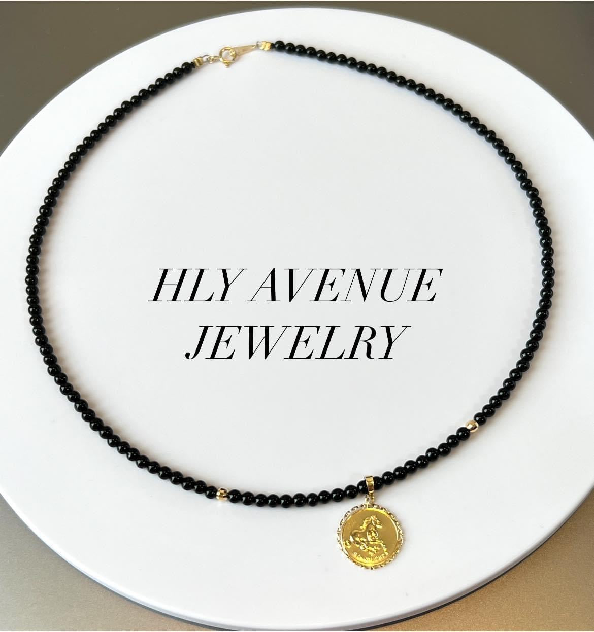 18k Gold Coin Pendant Onyx Necklace 40CM
