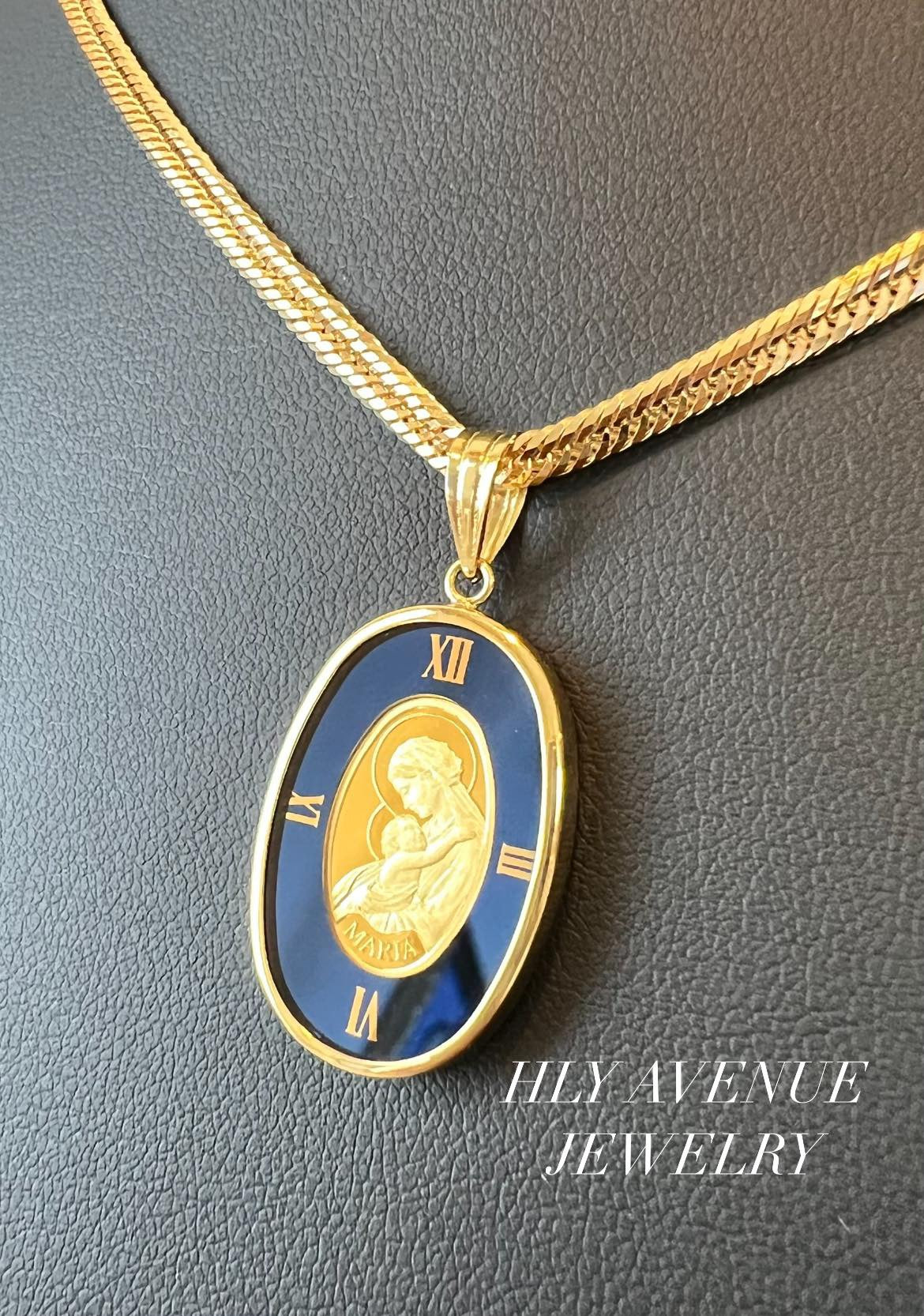 Mary & Child Blue 24k/18k Frame Japan Gold w/ Glass Pendant