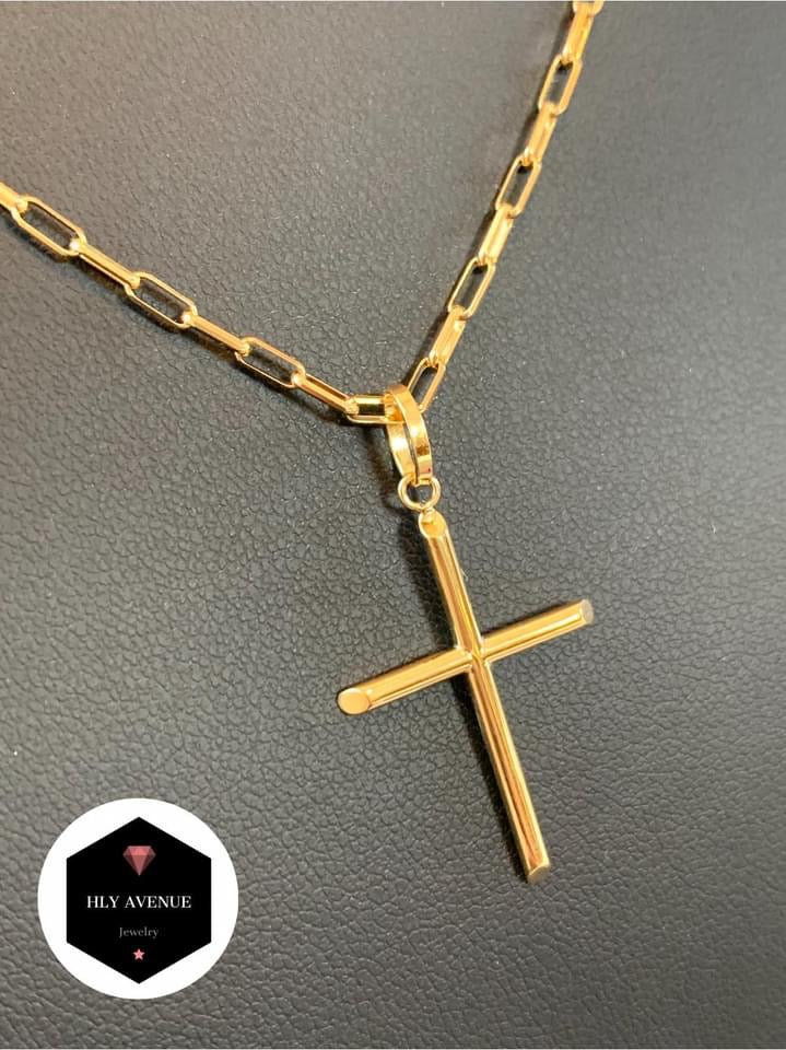 18k Cross Pendant 45CM Paperclip Necklace Set