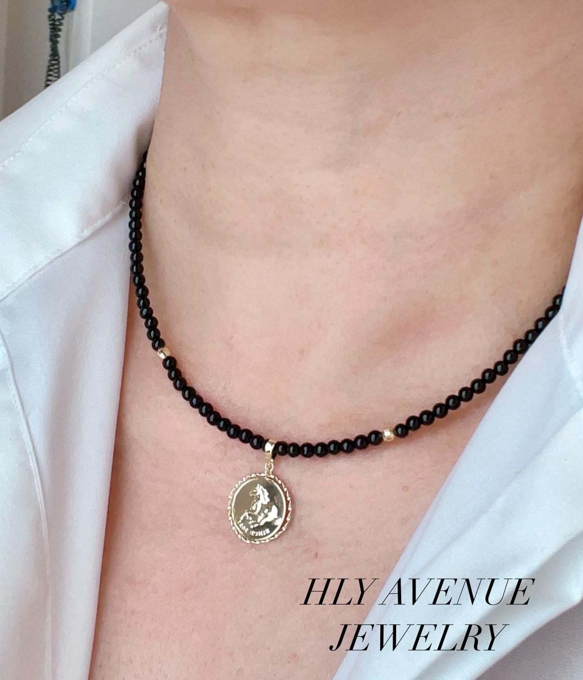 18k Gold Coin Pendant Onyx Necklace 40CM