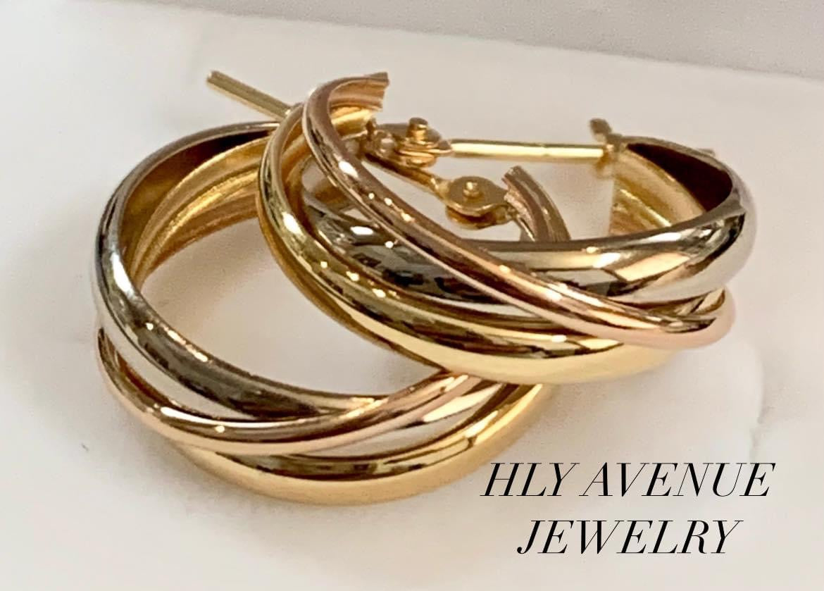 18k Japan Gold Trinity Tri Color Hoop Earrings