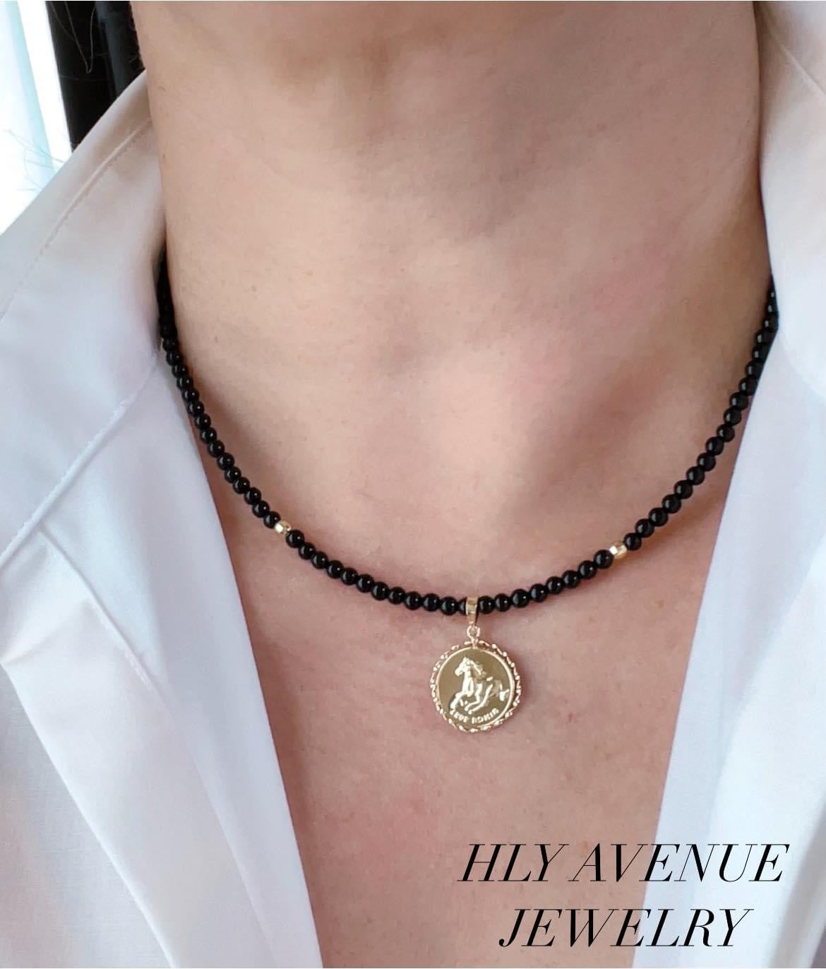 18k Gold Coin Pendant Onyx Necklace 40CM