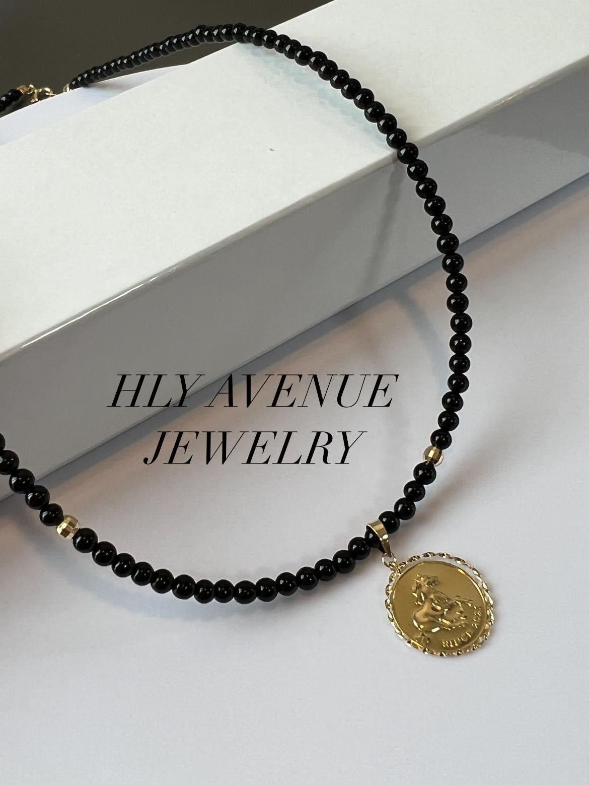 18k Gold Coin Pendant Onyx Necklace 40CM