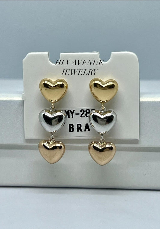 18K Japan Gold 3Tone Heart Dangling Earrings