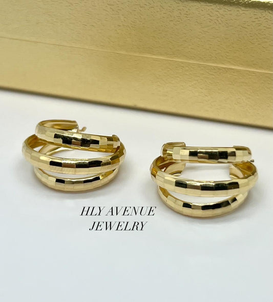 18K Japan Gold 3 Layered Mirror Ball Cut Earrings