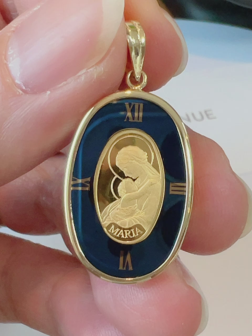 Mary & Child Blue 24k/18k Frame Japan Gold w/ Glass Pendant