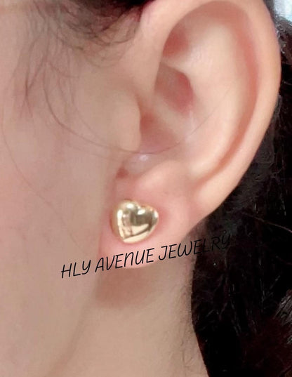 18k Japan Gold Classic Puff Heart Earrings 10MM
