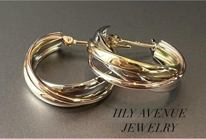 18k Japan Gold Trinity Tri Color Hoop Earrings