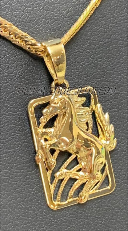 18k Solid Gold Square Horse Pendant