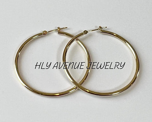 18k Yellow Gold 2x40mm Pipe Hoop Earrings